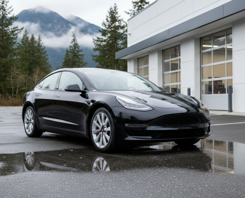 Black Tesla outside autobody shop