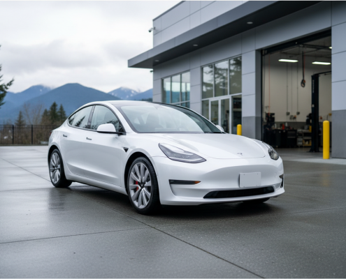 White Tesla outside autobody shop